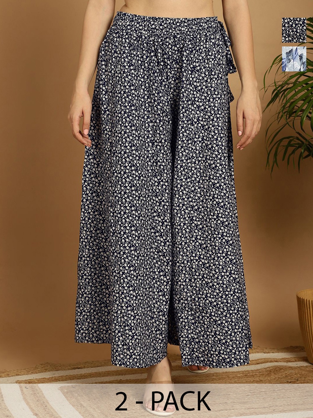 

Valles365 by S.C. Women Pack Of 2 Floral Printed Flared Ethnic Palazzos, Black