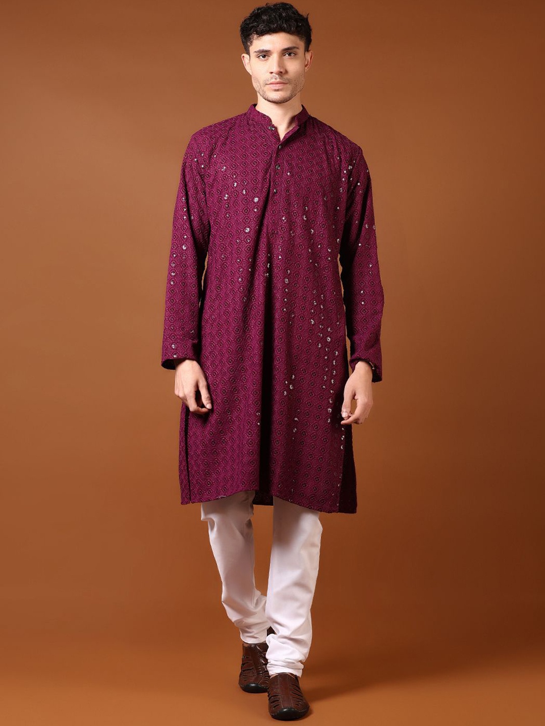 

V-Mart Self Design Mandarin Collar Straight Sequinned Kurta With Churidar, Purple