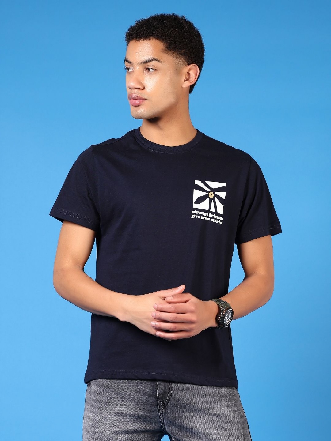 

V-Mart Men Graphic Printed Round Neck Cotton T-shirt, Navy blue