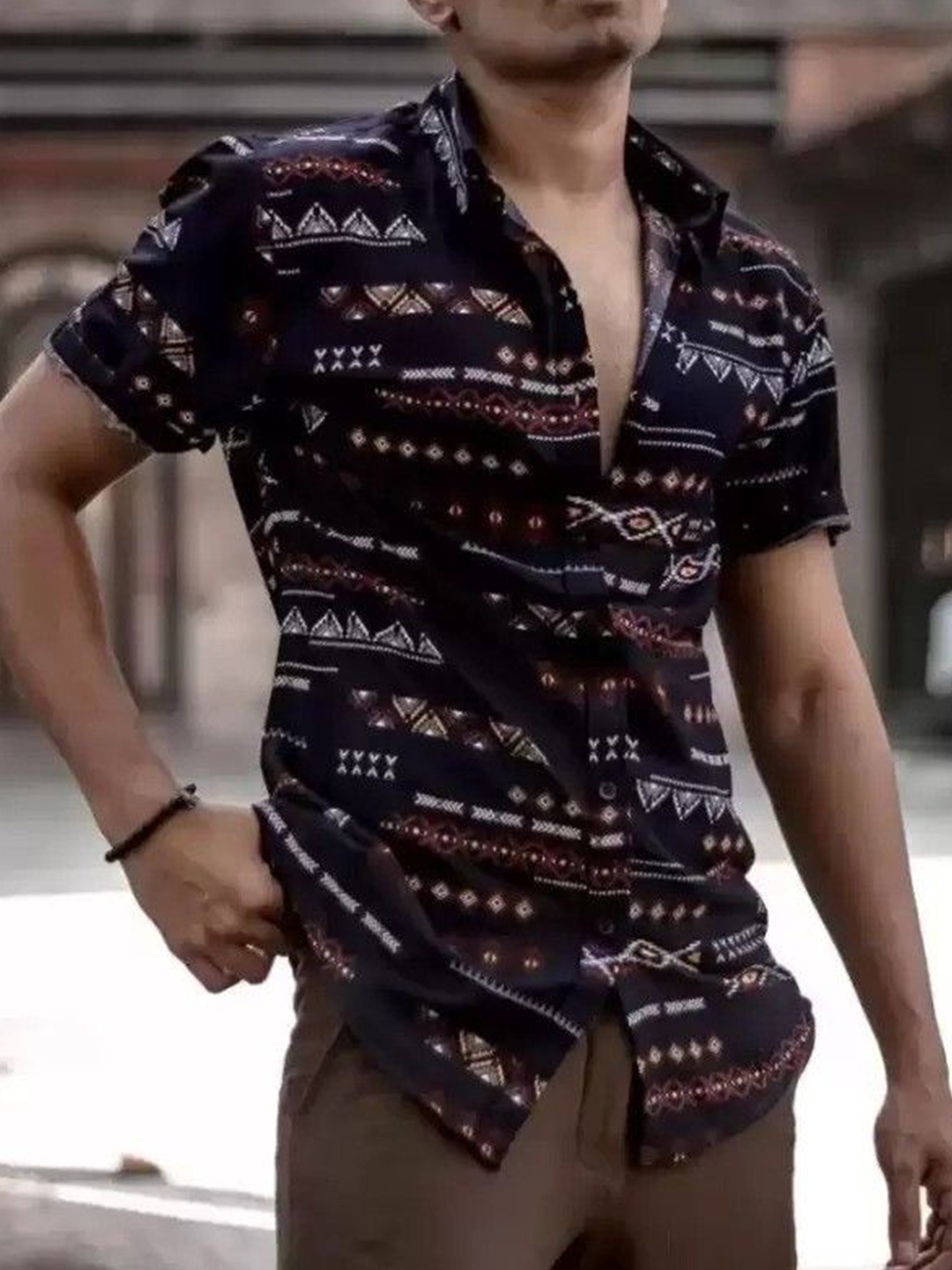 

iCome Men Spread Collar Geometric Printed Cotton Linen Casual Shirt, Navy blue