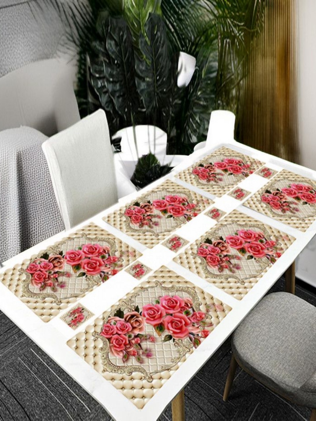 

REVEXO Beige & Pink 12 Pieces Printed Table Placemats & Coasters