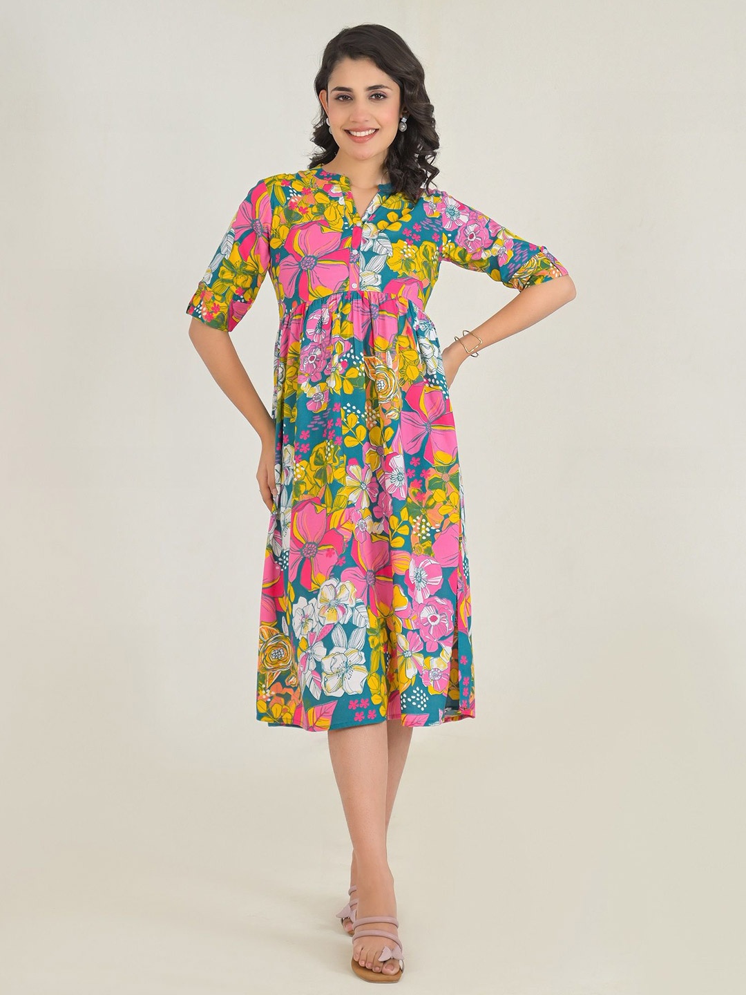 

Pahiya Floral Printed A-Line Dresses, Pink