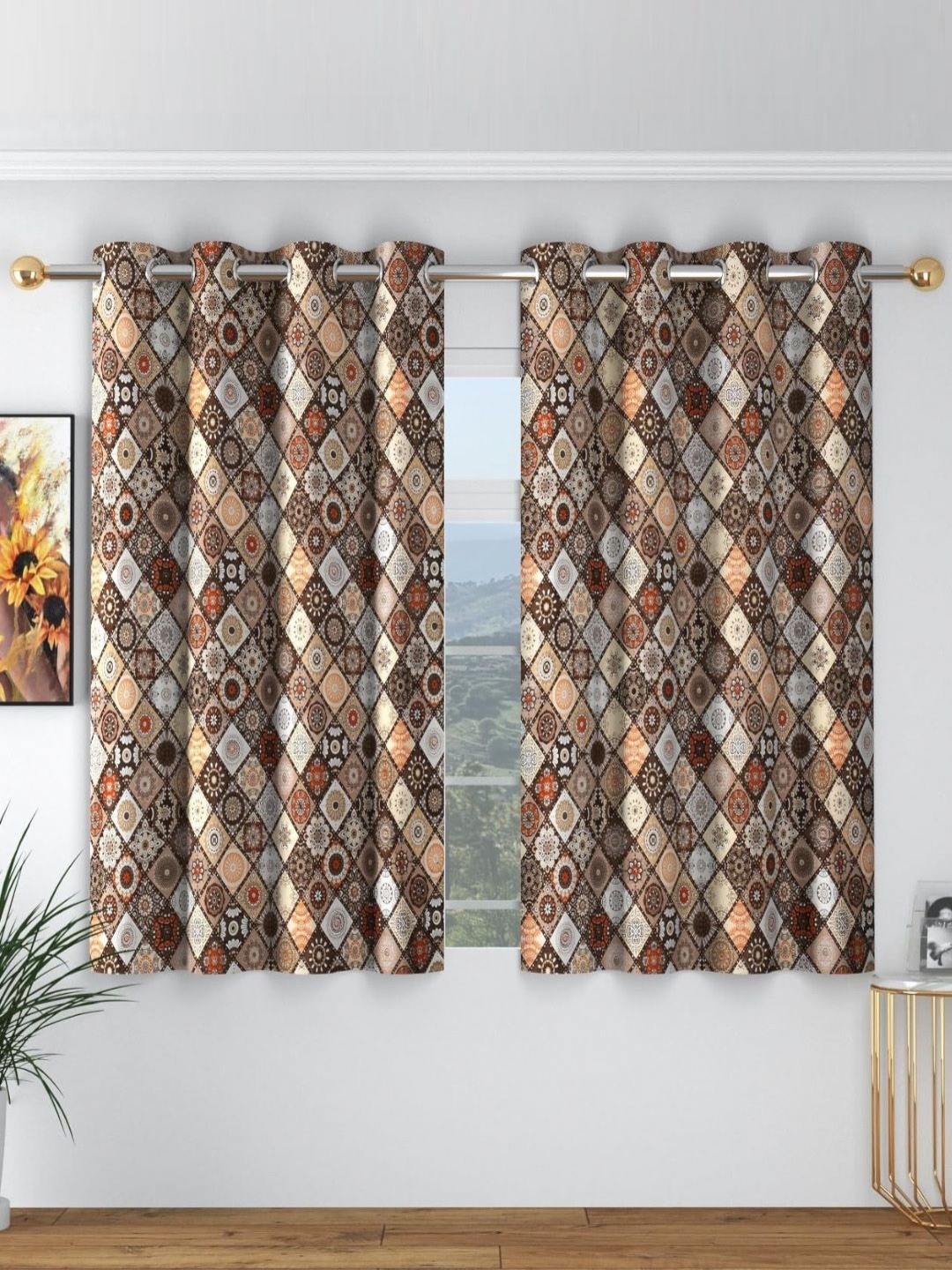 

bsb home Brown & White 2 Pieces Floral Printed Regular Window Curtain
