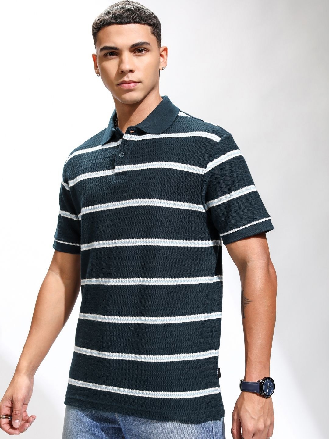 

HIGHLANDER Men Striped Polo Collar Relaxed Fit T-shirt, Navy blue