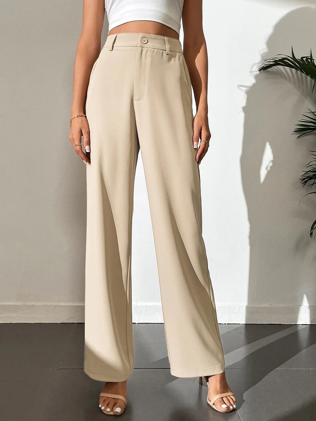 

FNOCKS Women High-Rise Cotton Formal Trousers, Beige