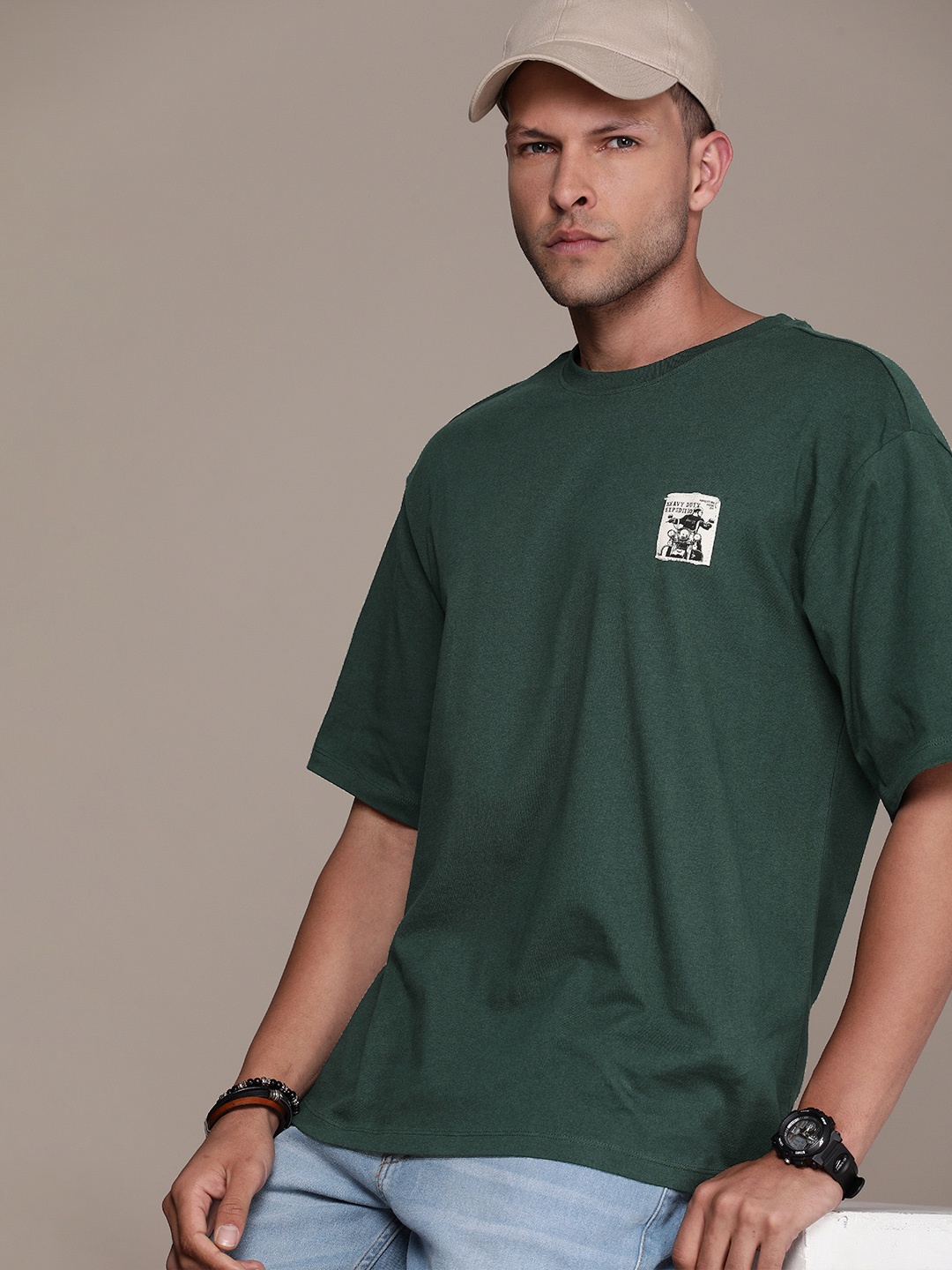 

The Roadster Life Co. Pure Cotton Drop-Shoulder Sleeves Applique Oversized T-shirt, Green