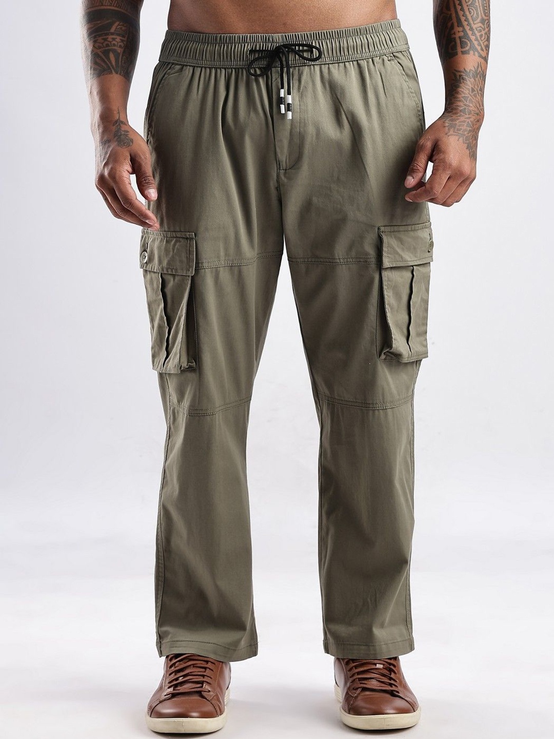 

NEVER NEUD Men Relaxed Loose Fit Cargos Trousers, Olive