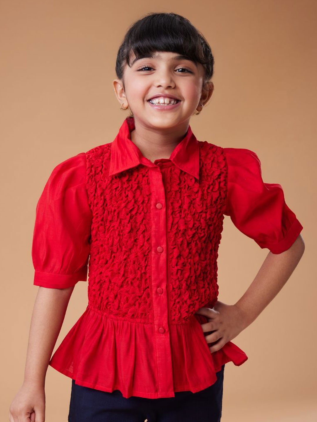 

MASTARANG Girls Puff Sleeves Shirt Style Top, Red
