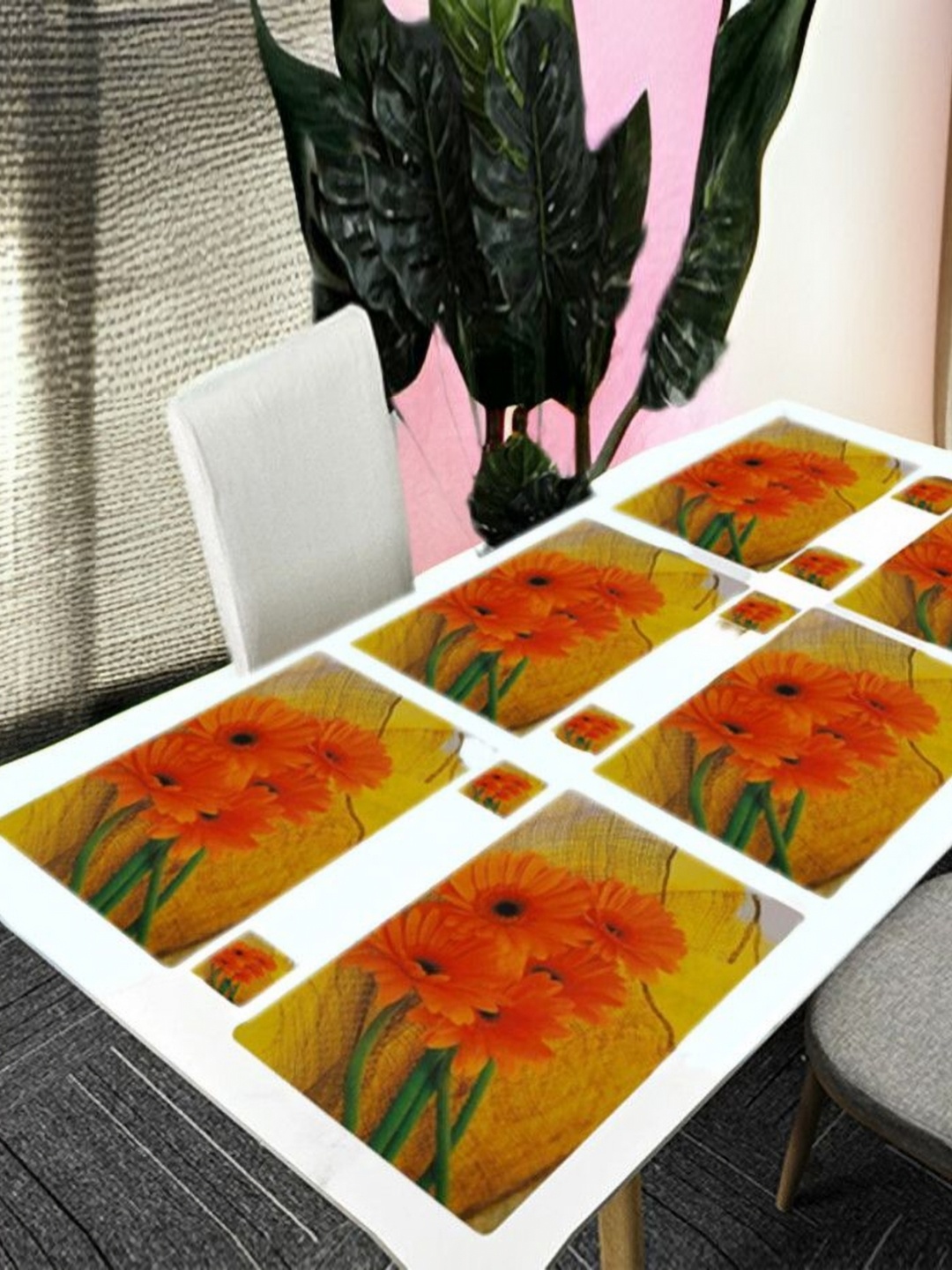 

REVEXO White & Yellow 12 Pieces Floral Printed Rectangle Table Placemats With Costers