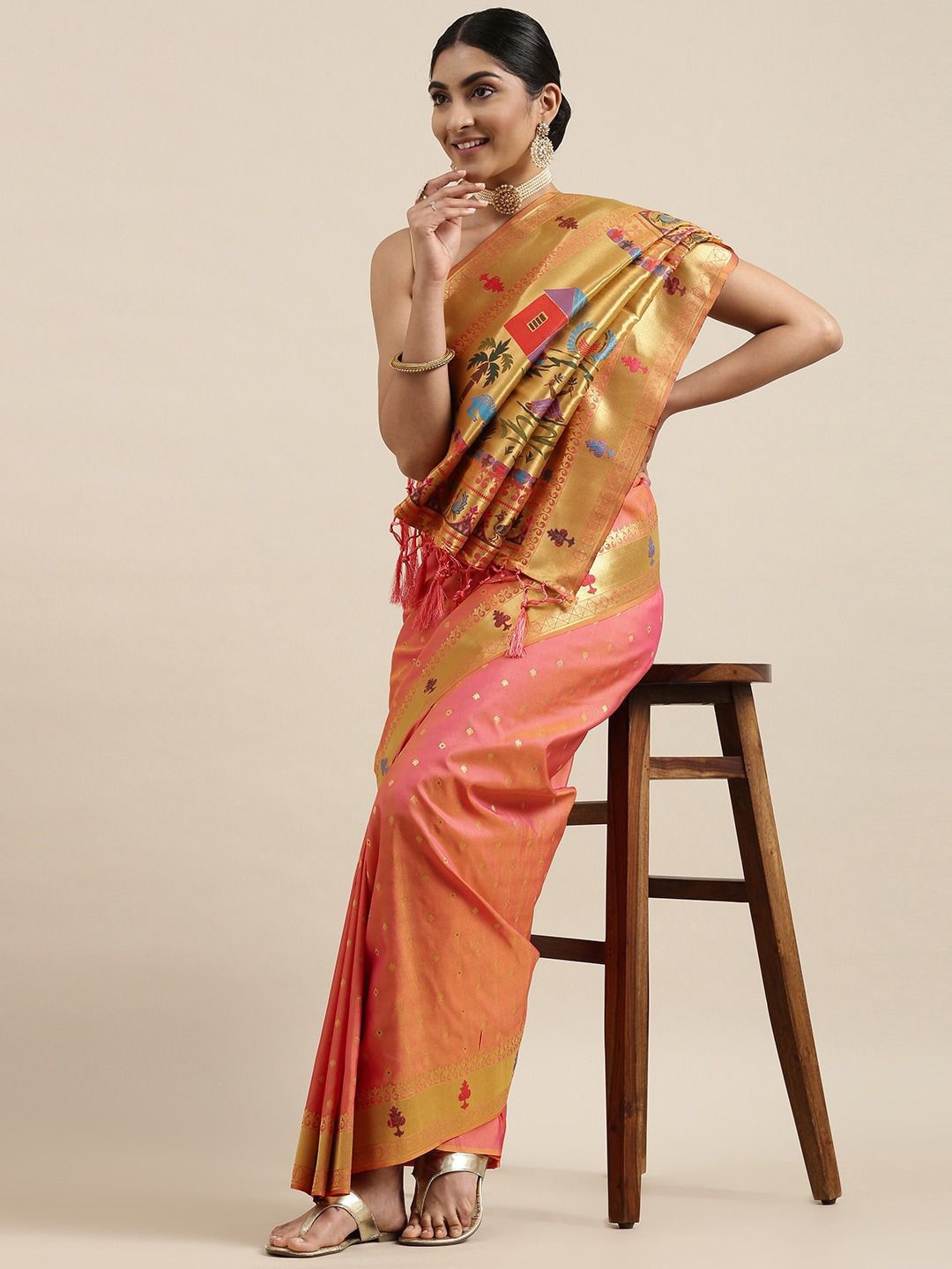 

DIVASTRI Woven Design Zari Paithani Saree, Peach