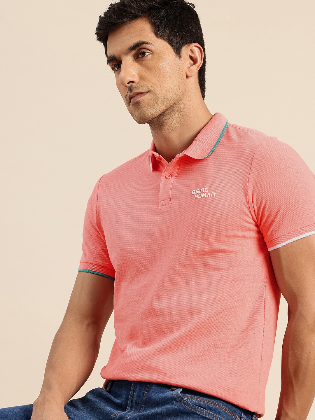 

Being Human Polo Collar Pure Cotton T-shirt, Coral