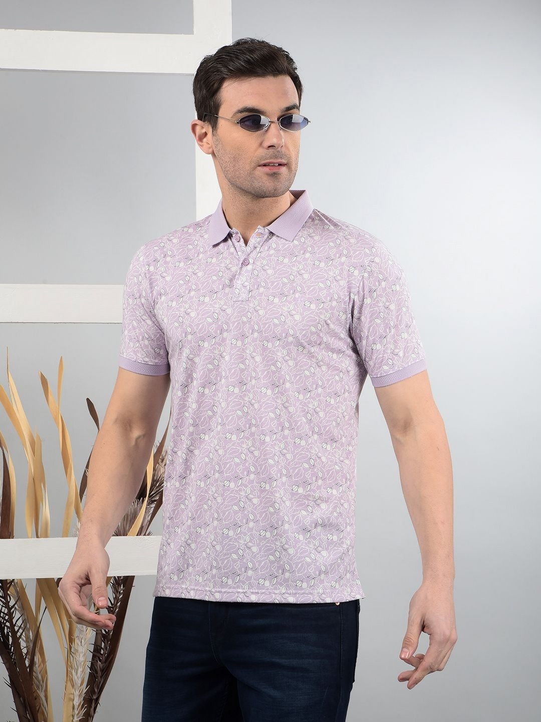 

Crimsoune Club Men Floral Printed Polo Collar Cotton Slim Fit T-shirt, Purple