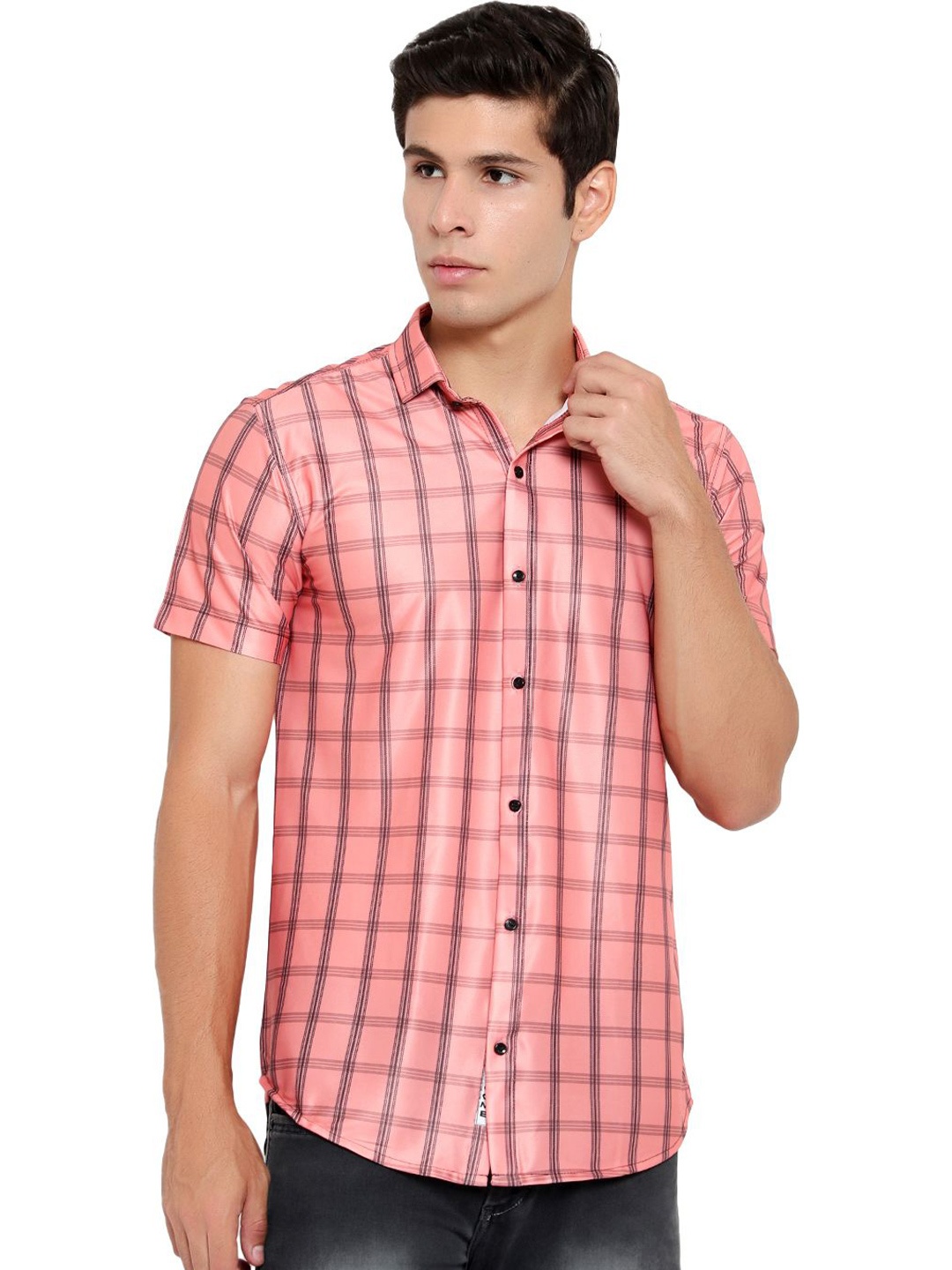 

iCome Men Slim Fit Spread Collar Checked Casual Shirt, Pink