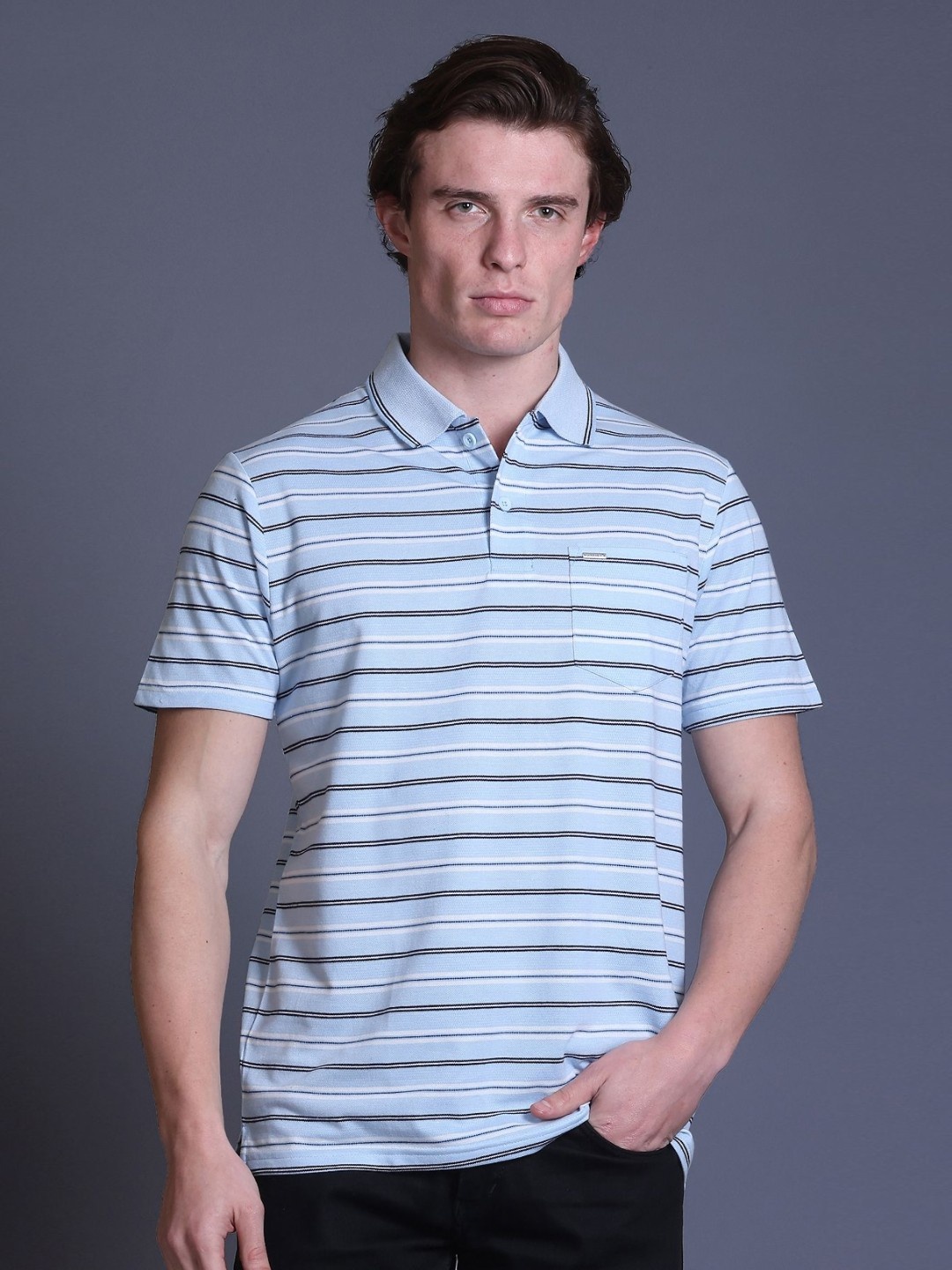 

GODFREY Men Striped Polo Collar T-shirt, Blue