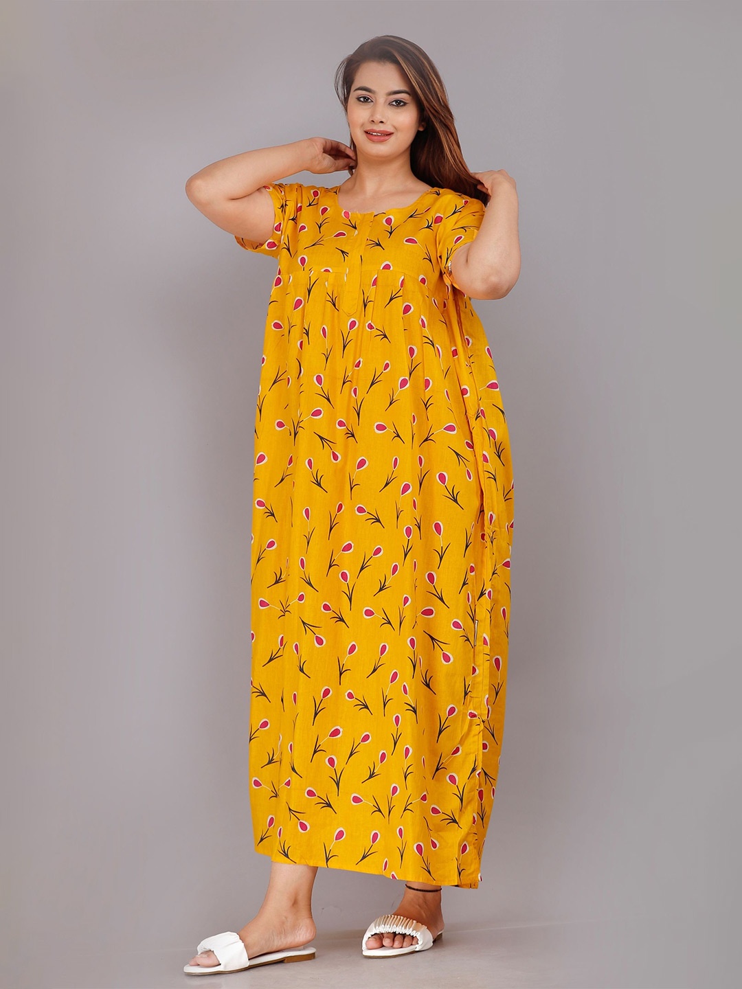 

PR PINK ROYAL Women Printed Maxi Nightdress, Yellow
