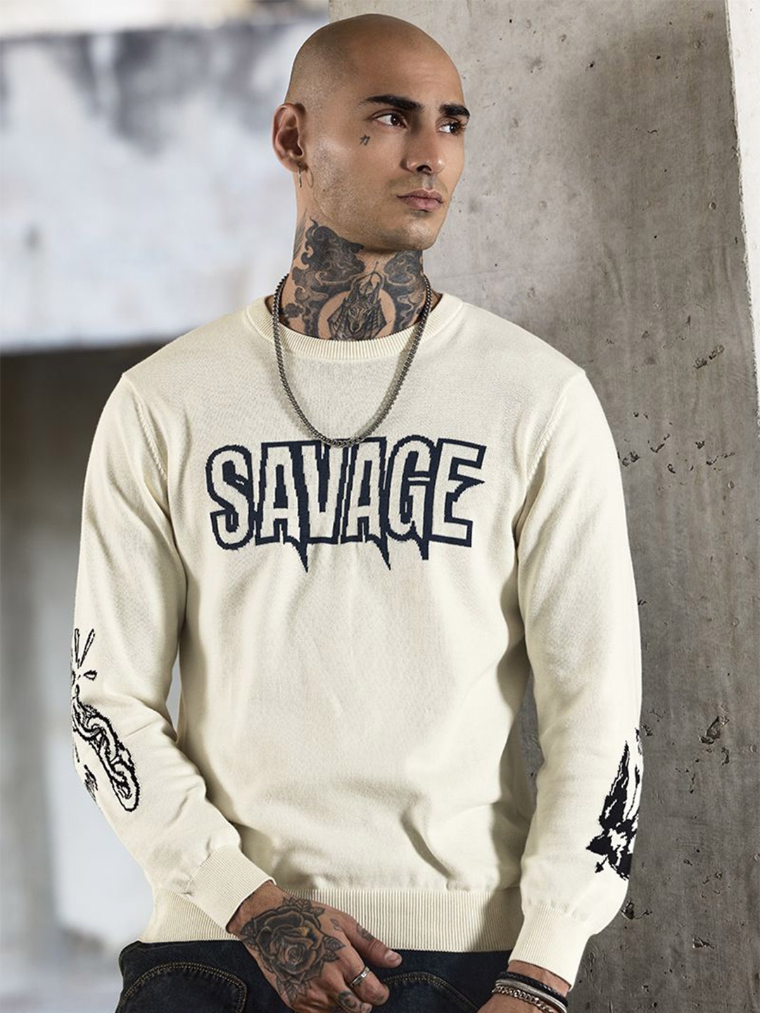 

Snitch Revolution Savage White Graphic Print Sweaters, Beige