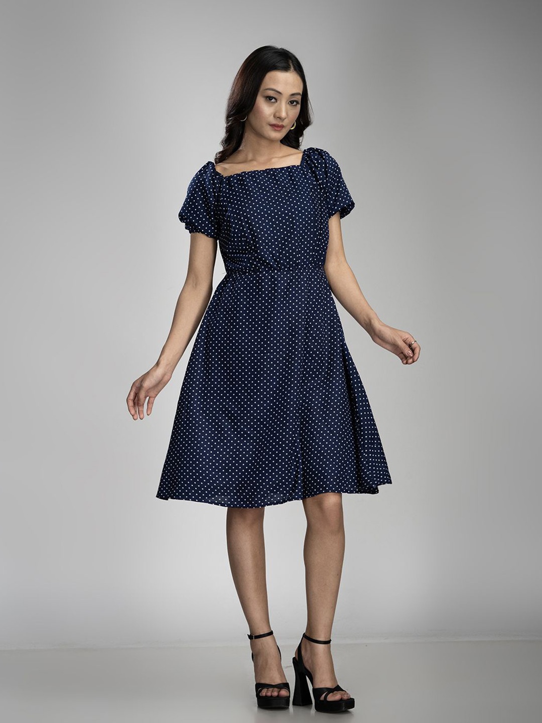 

KRISS-CROX Women Polka Dots Print Square Neck Puff Sleeve Fit & Flare Dress, Navy blue