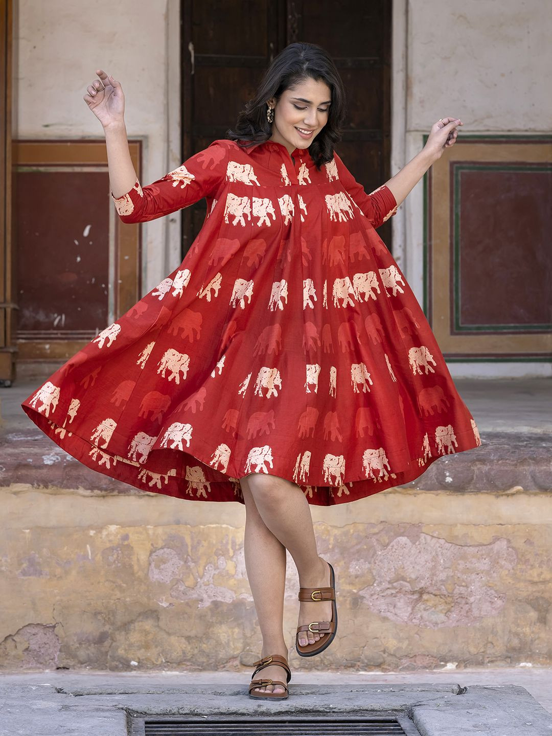 

CORSICA Printed Cotton A-Line Dress, Red