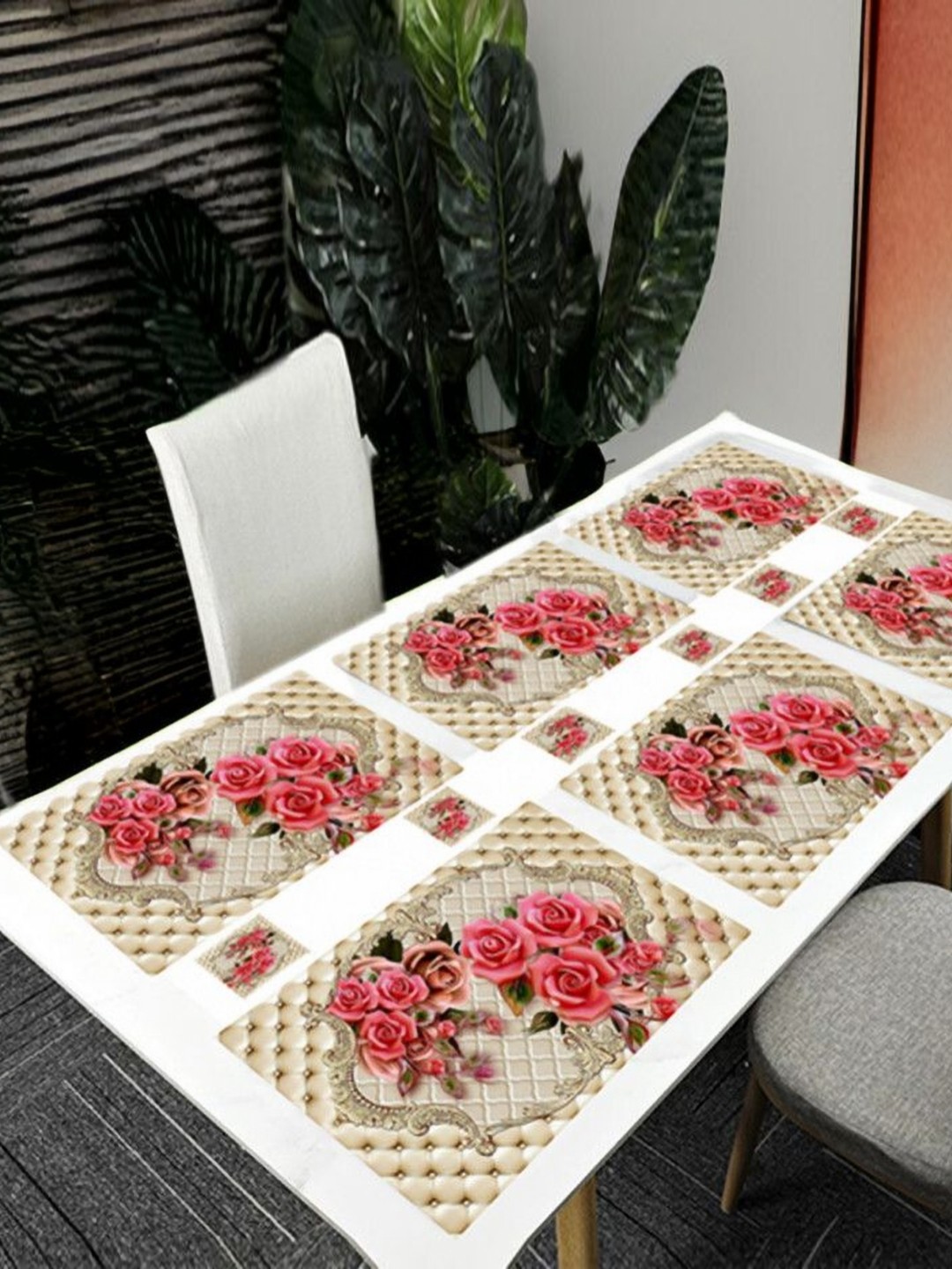 

REVEXO Beige & Pink 12 Pcs Floral Printed Rectangular Shaped Coasters & Table Placemats