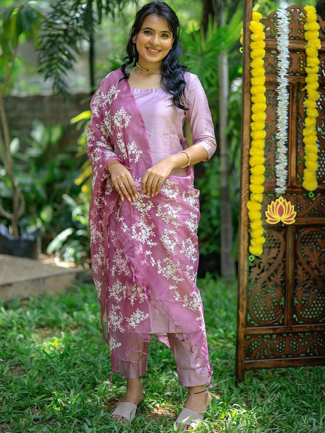 

Vastara the Label Round Neck Organza Straight Kurta with Trousers & Dupatta, Purple