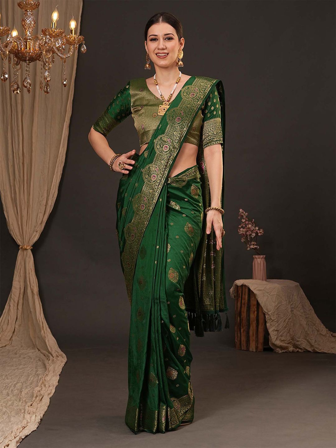 

Anouk Woven Design Zari Silk Blend Banarasi Saree, Green