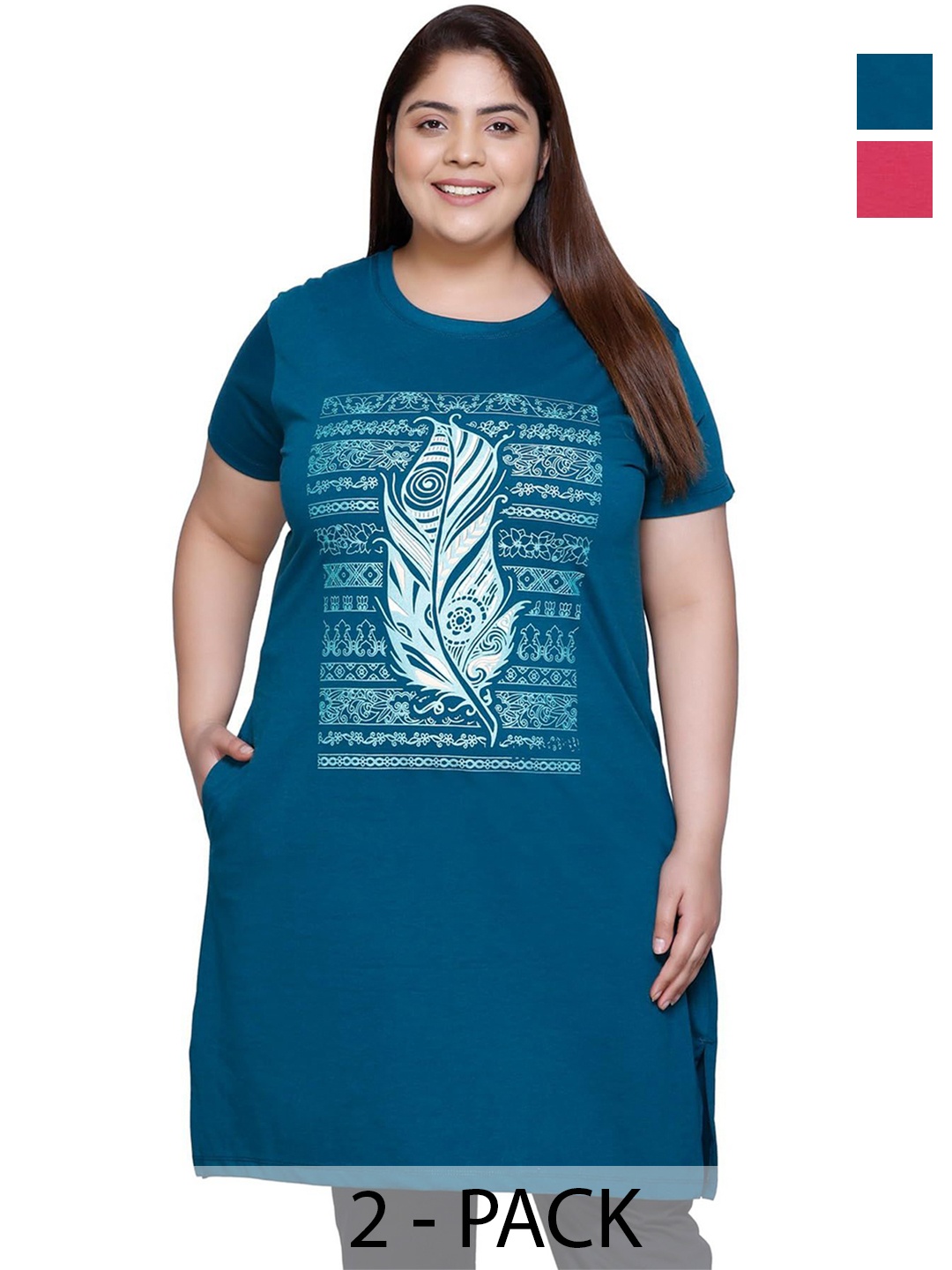 

IN Love Pack of 2 Women Plus Size Front Printed Cotton Nighty Chemise, Blue