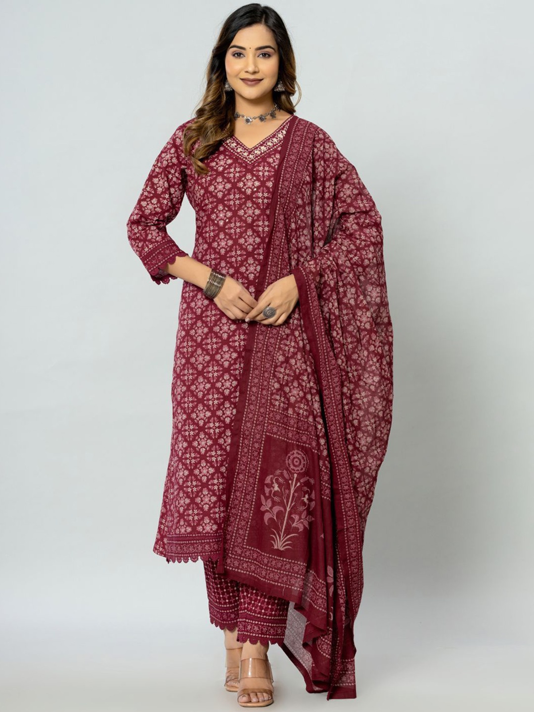 

Amayra Women Floral Printed V Neck Pure Cotton Straight Kurta With Trouser And Dupatta, Maroon