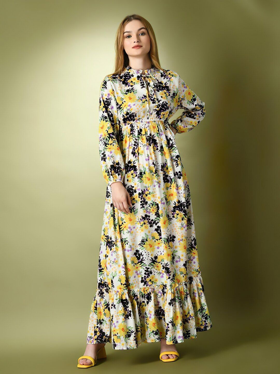 

ZWERLON Floral Print Tie-Up Neck Maxi Dress, White