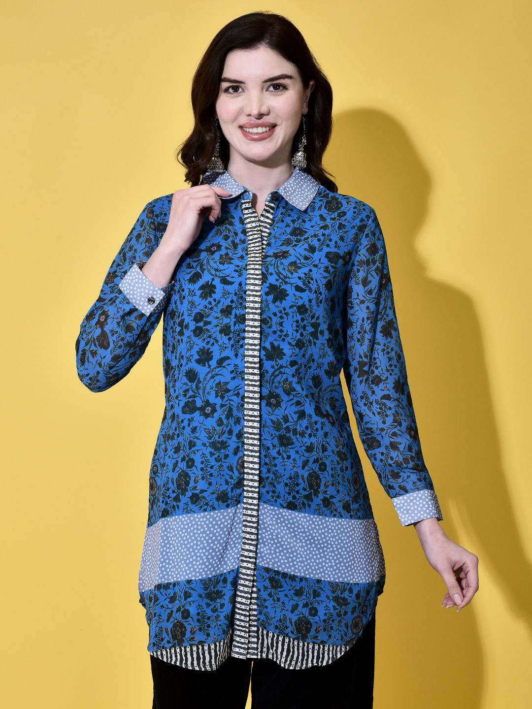 

FUTURO Floral Print Shirt Collar Satin Shirt Style Top, Blue