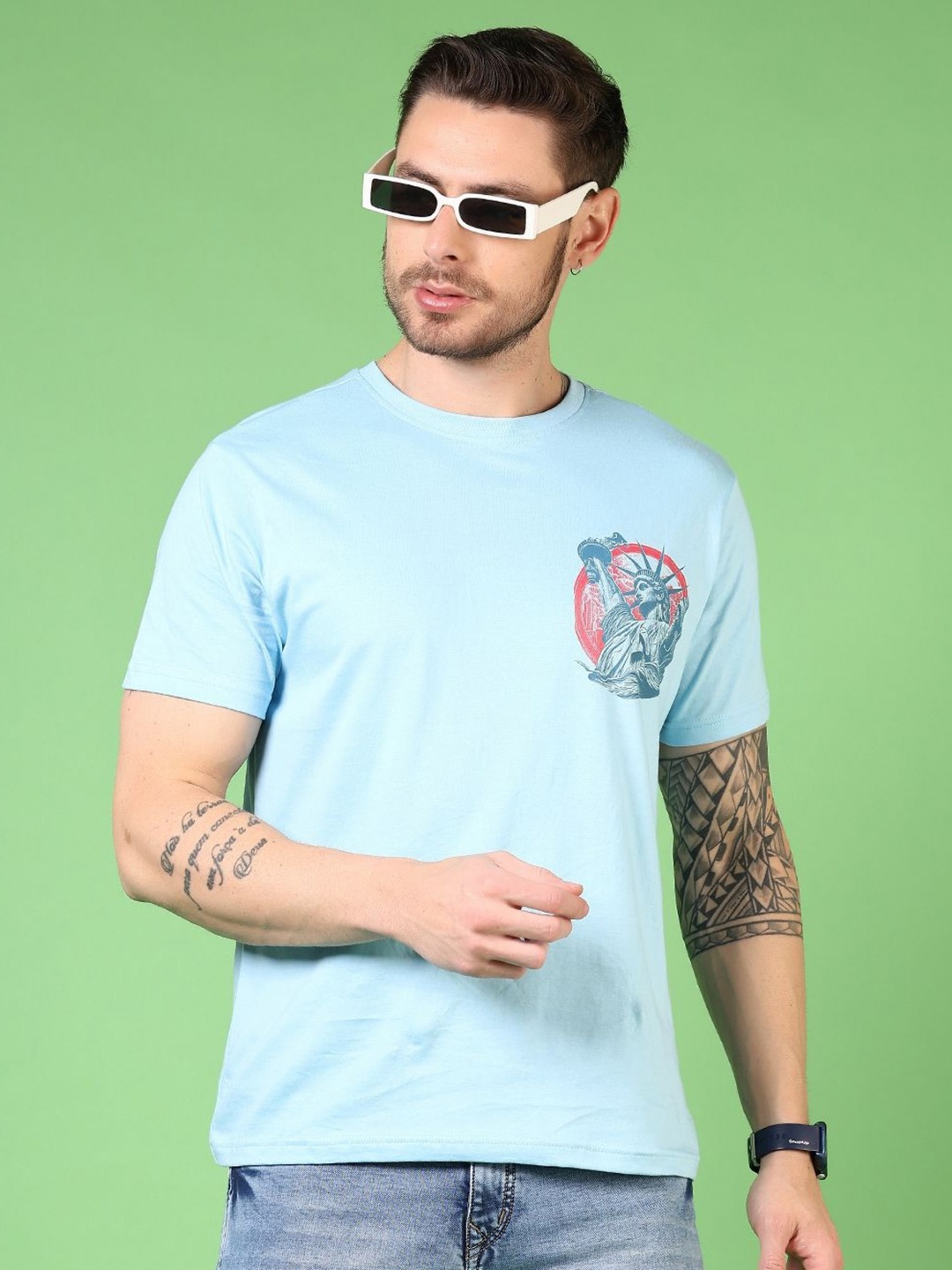

V-Mart Men Graphic Printed Round Neck Cotton T-shirt, Blue