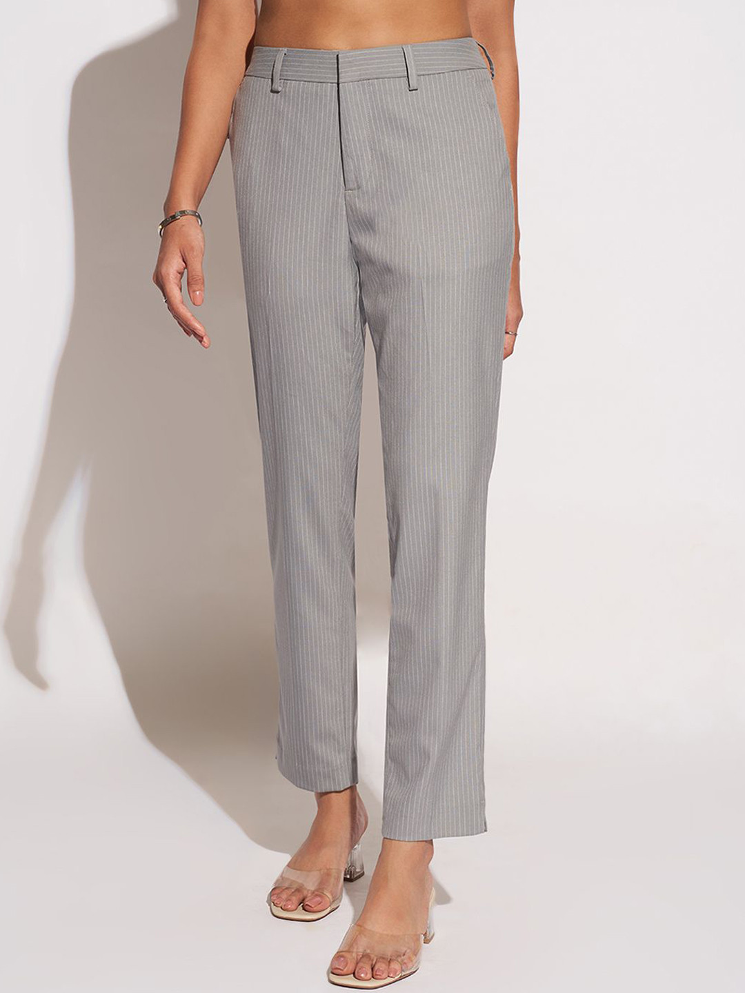 

Annabelle by Pantaloons Women Striped Slim Fit Mid-Rise Trouser, Grey