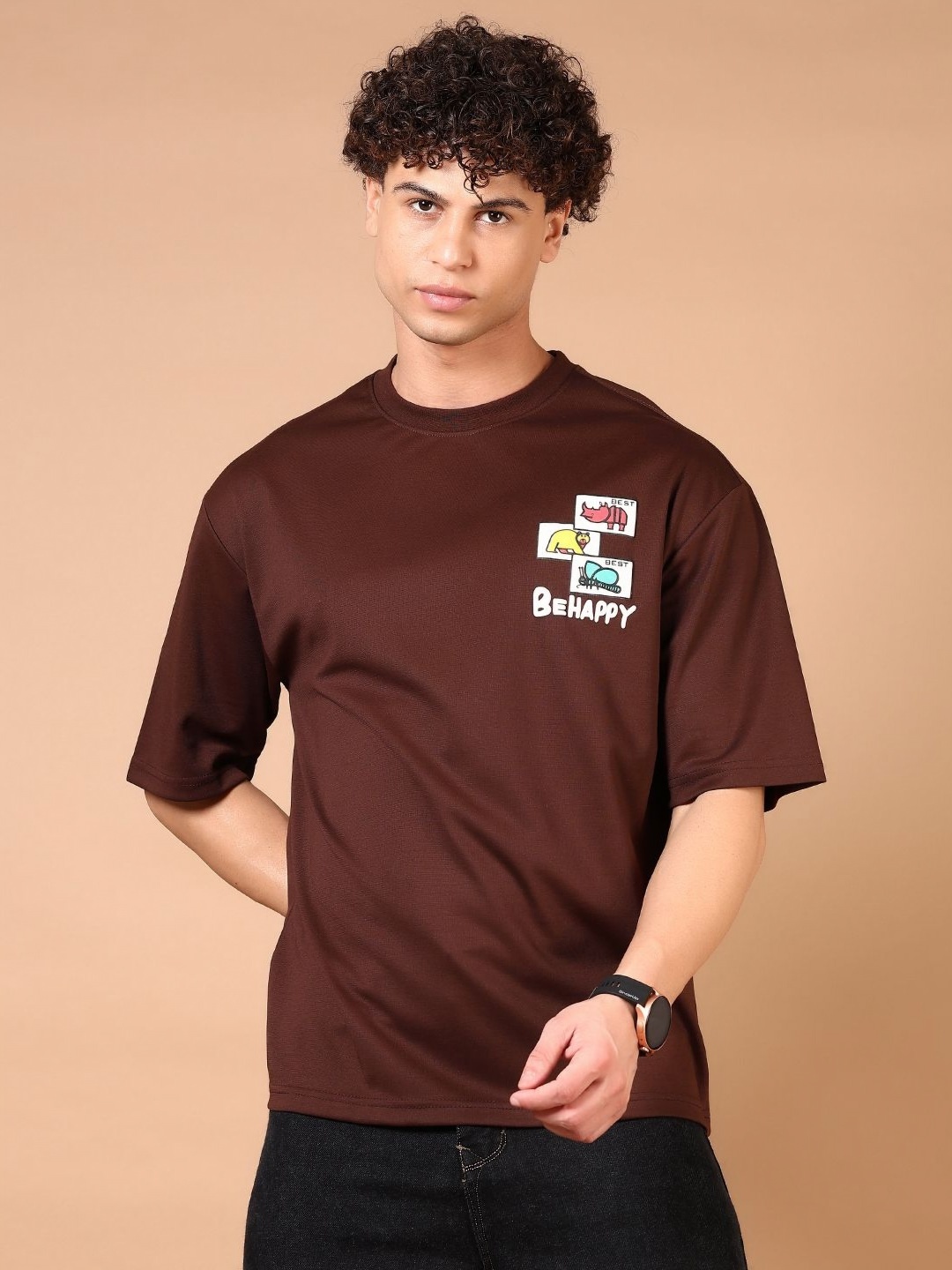 

V-Mart Men Typography Printed Round Neck Cotton T-shirt, Brown