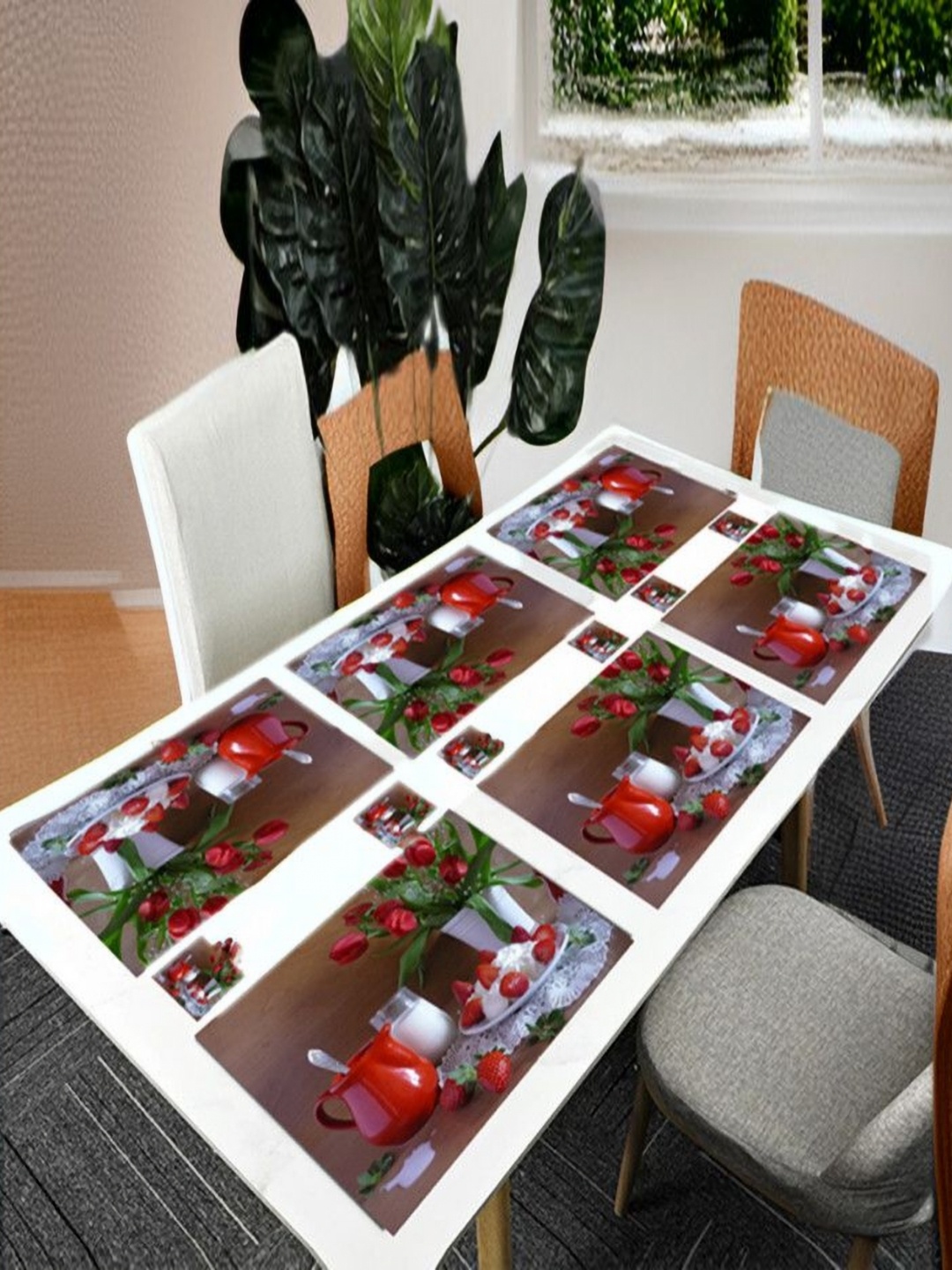 

REVEXO Brown & Red 12 Pieces Printed Rectangle Table Placemats With Costers