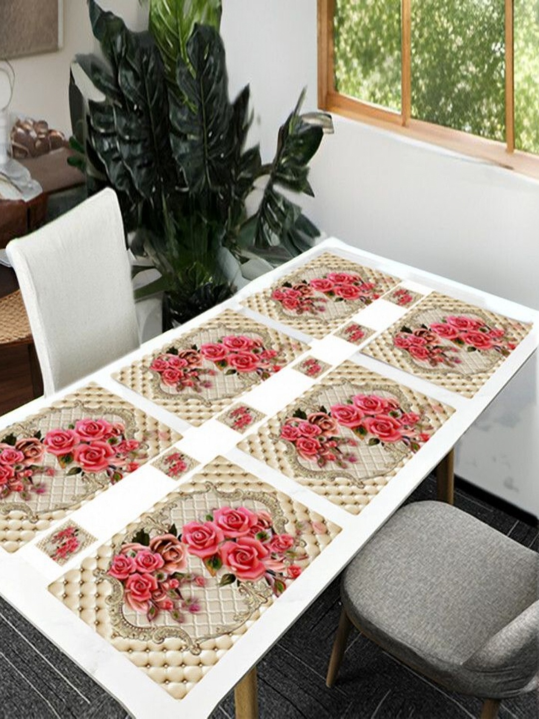 

REVEXO 6Pc Beige & Pink Printed Rectangle Costers & Table Placemats