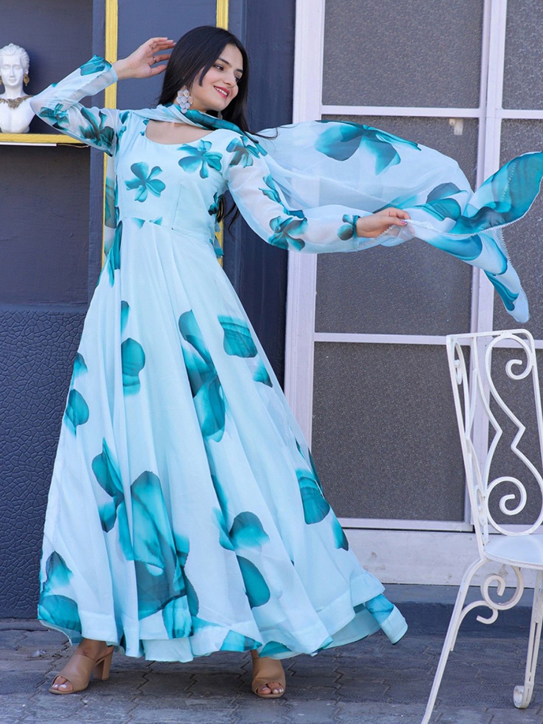 

Jash Creation Floral Printed Fit & Flare Maxi Ethnic Dress with a Dupatta, Blue