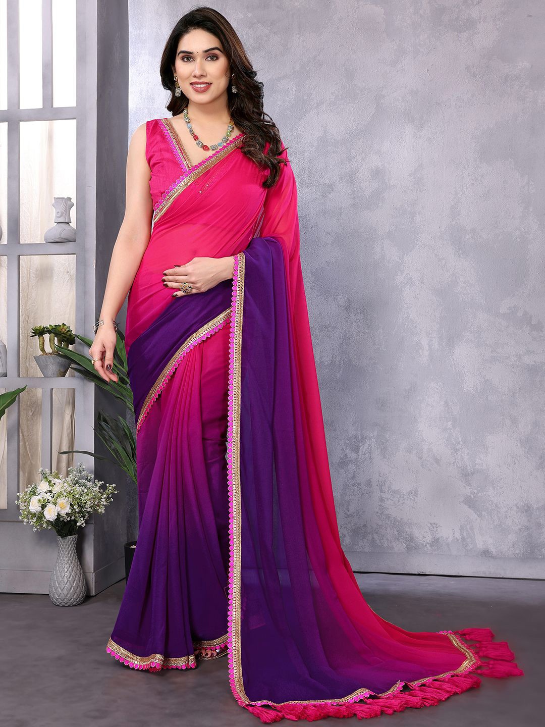 

LeeliPeeri Designer Soft Ombre Saree With Unstitched Blouse Piece, Pink