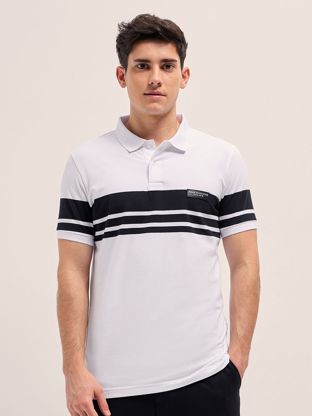 

THE BEAR HOUSE Men Striped Polo Collar Cotton T-shirt, White