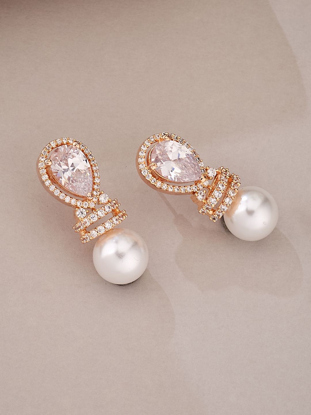 

ATIBELLE Rose Gold Plated Cubic Zirconia Stones Studded & Beaded Drop Earrings