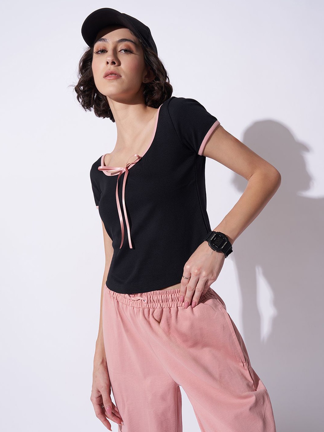 

Ajile by Pantaloons Women Solid Sweetheart Neck Cotton Top, Black