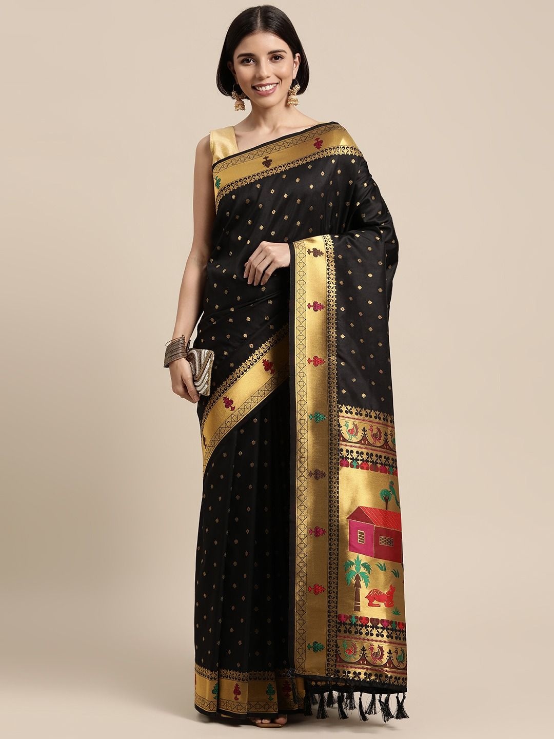

DIVASTRI Ethnic Motifs Woven Design Zari Paithani Saree, Black