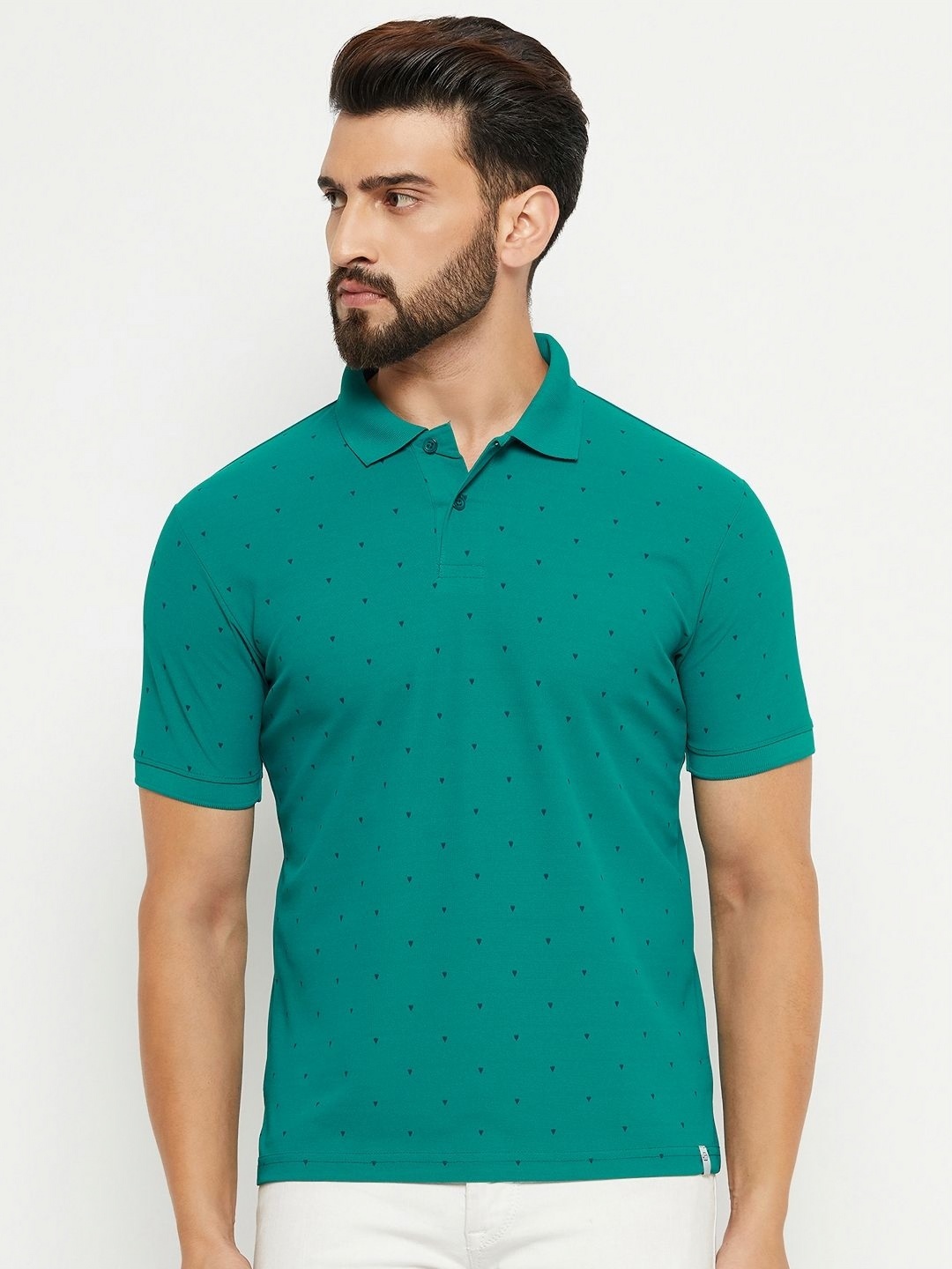 

RENUOVO Men Geometric Printed Polo Collar Cotton T-shirt, Green