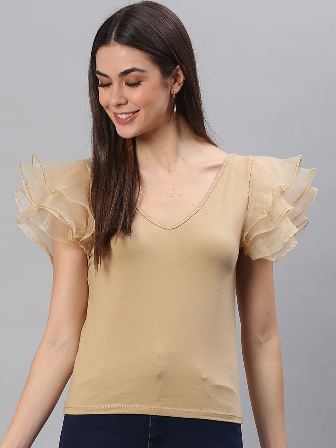 

Moda Rapido Women's Solid Beige Flutter Sleeve Fitted Top