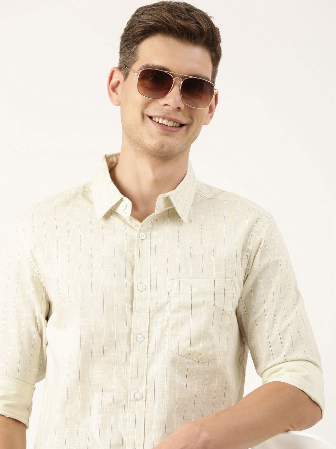 

Provogue Men Spread Collar Vertical Striped Cotton Casual Shirt, Yellow