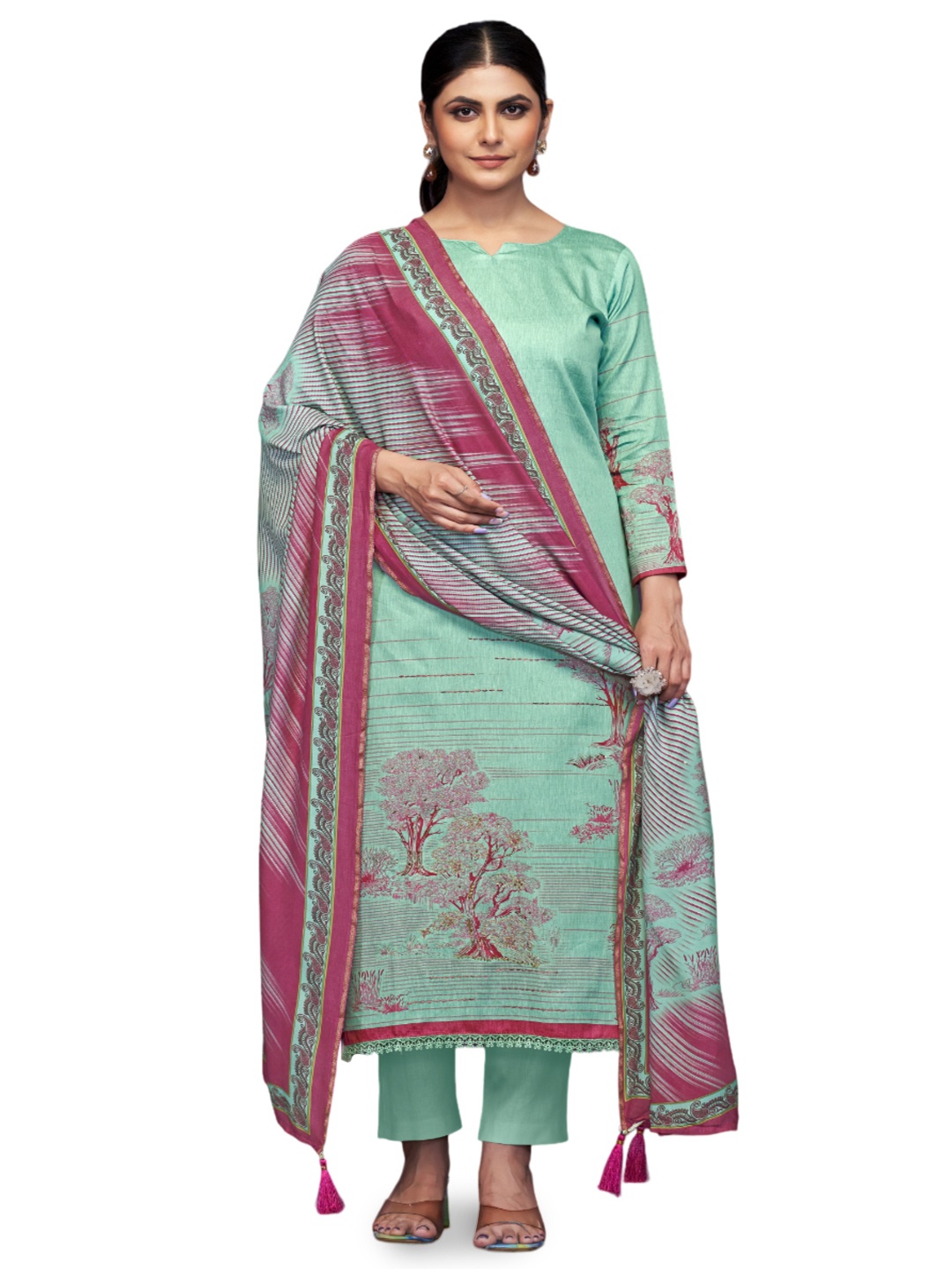 

DRAVINAM Trends Floral Embroidered Pure Cotton Unstitched Dress Material, Green