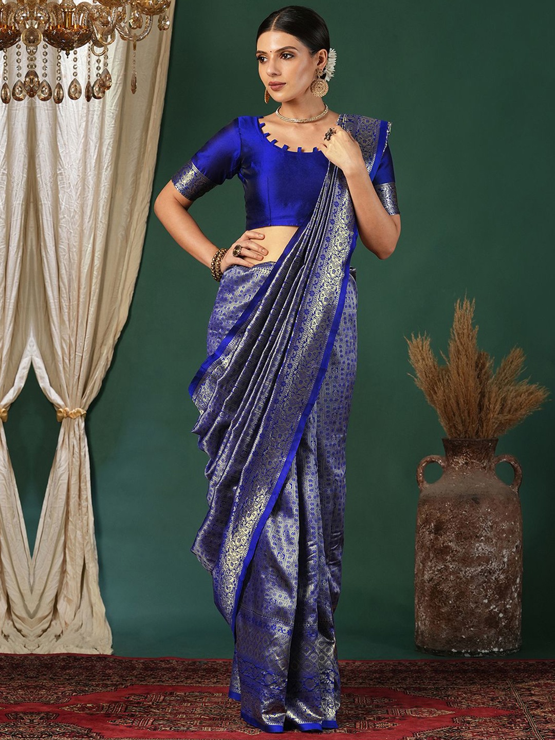 

KALINI Woven Design Zari Silk Blend Banarasi Saree, Blue