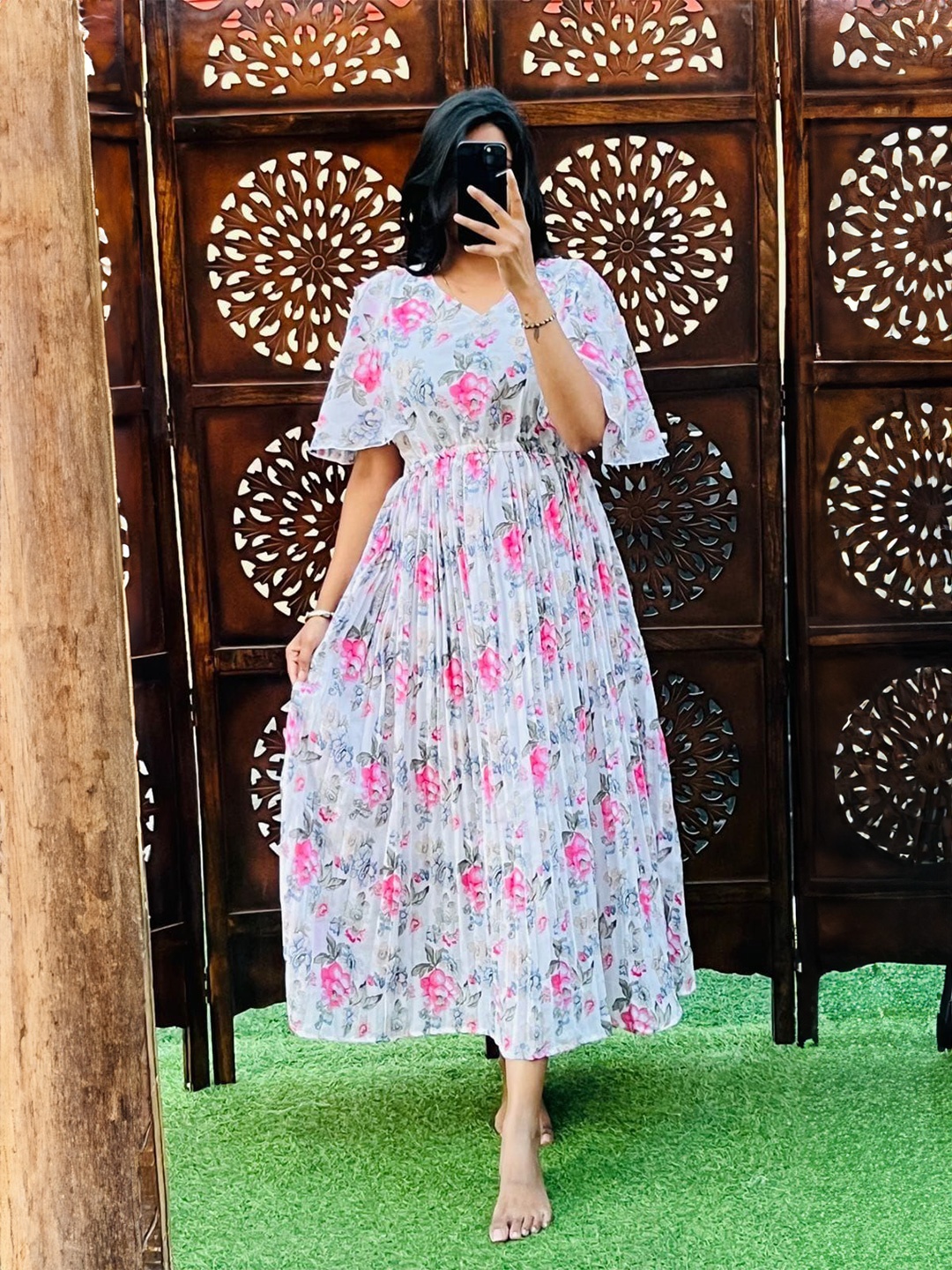 

JKP Collection Floral Print Flared Sleeve Georgette Fit & Flare Midi Dress, White