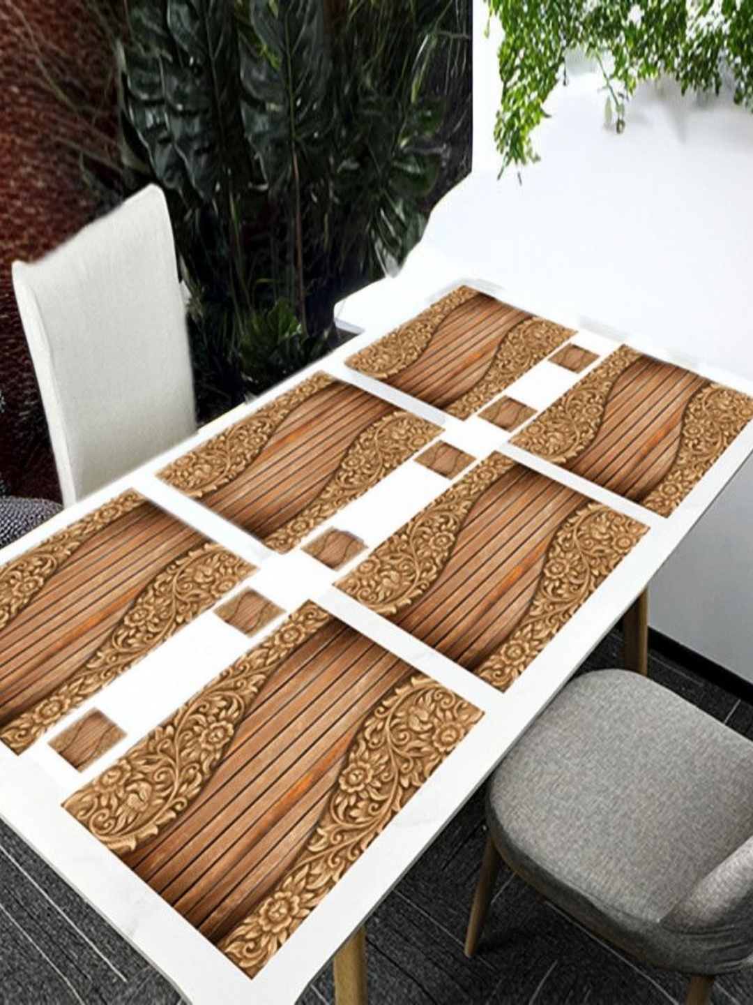 

REVEXO Brown 12 Pieces Floral Printed Rectangular Shaped Coasters & Table Placemats