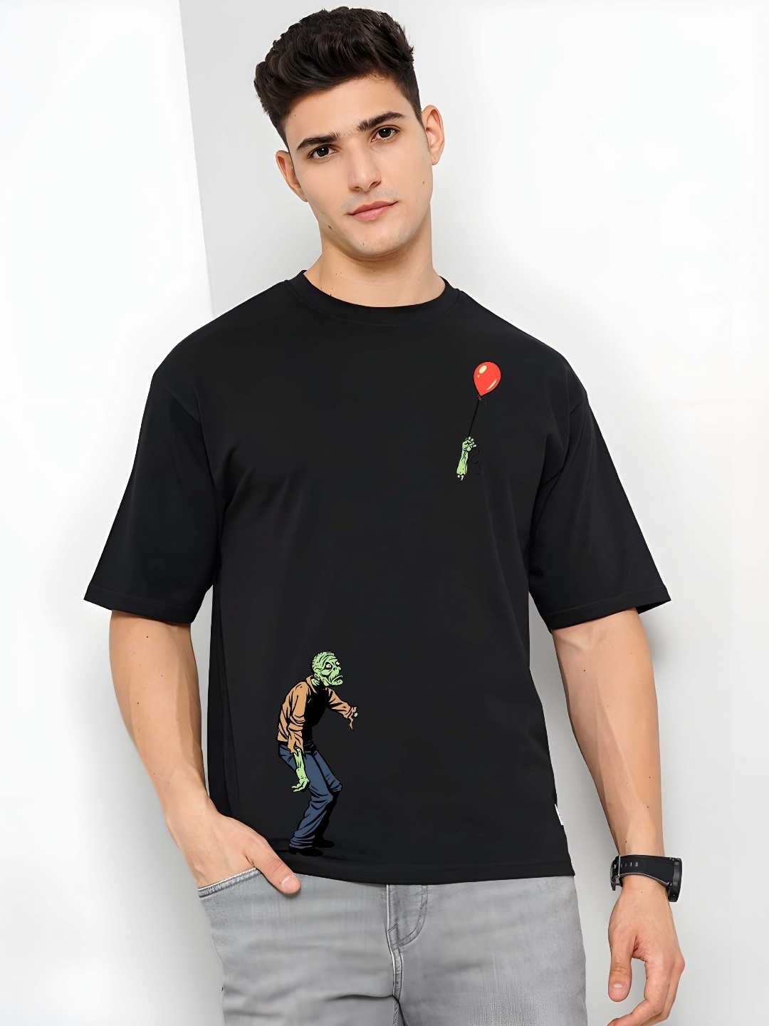 

SZN Men Graphic Printed Round Neck Cotton Oversized T-shirt, Black