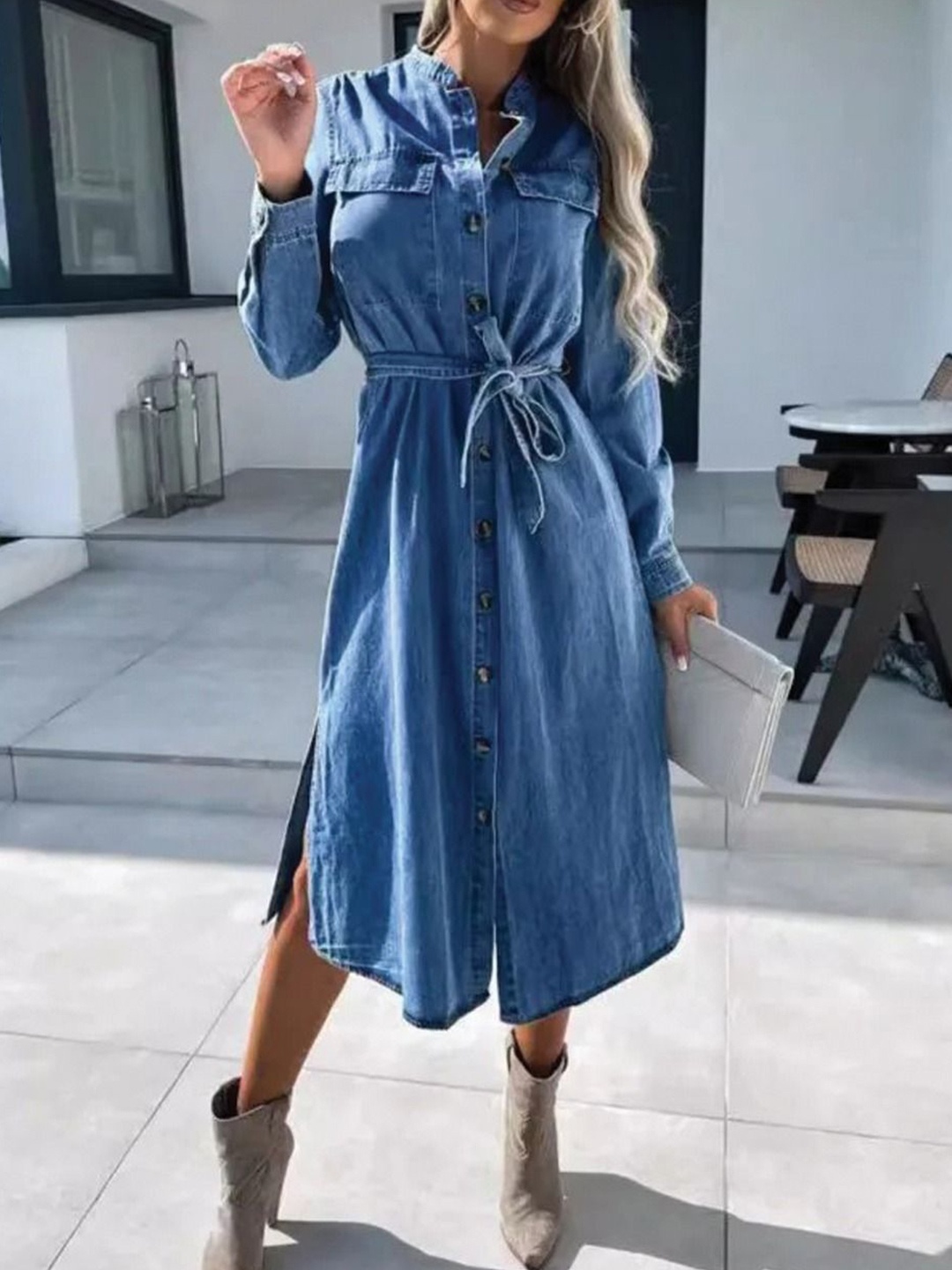 

JKP Collection Women Cuffed Sleeves Denim Shirt Midi Dress, Blue