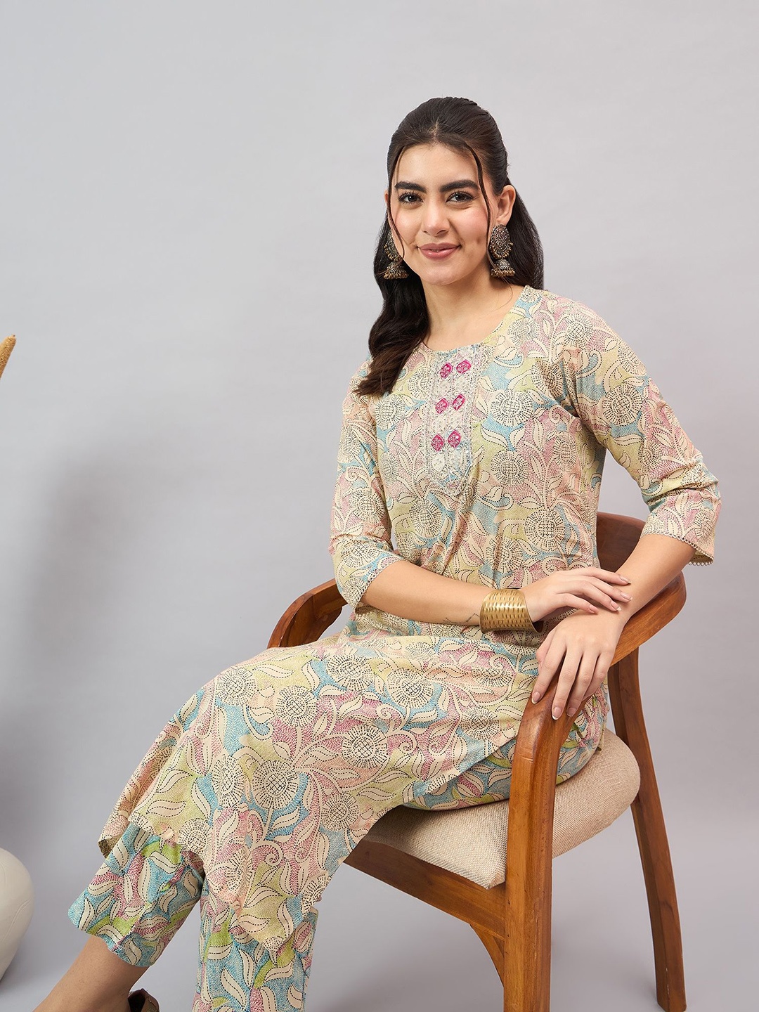 

Anouk Beige Floral Printed Sequinned Pure Cotton Kurta With Trousers